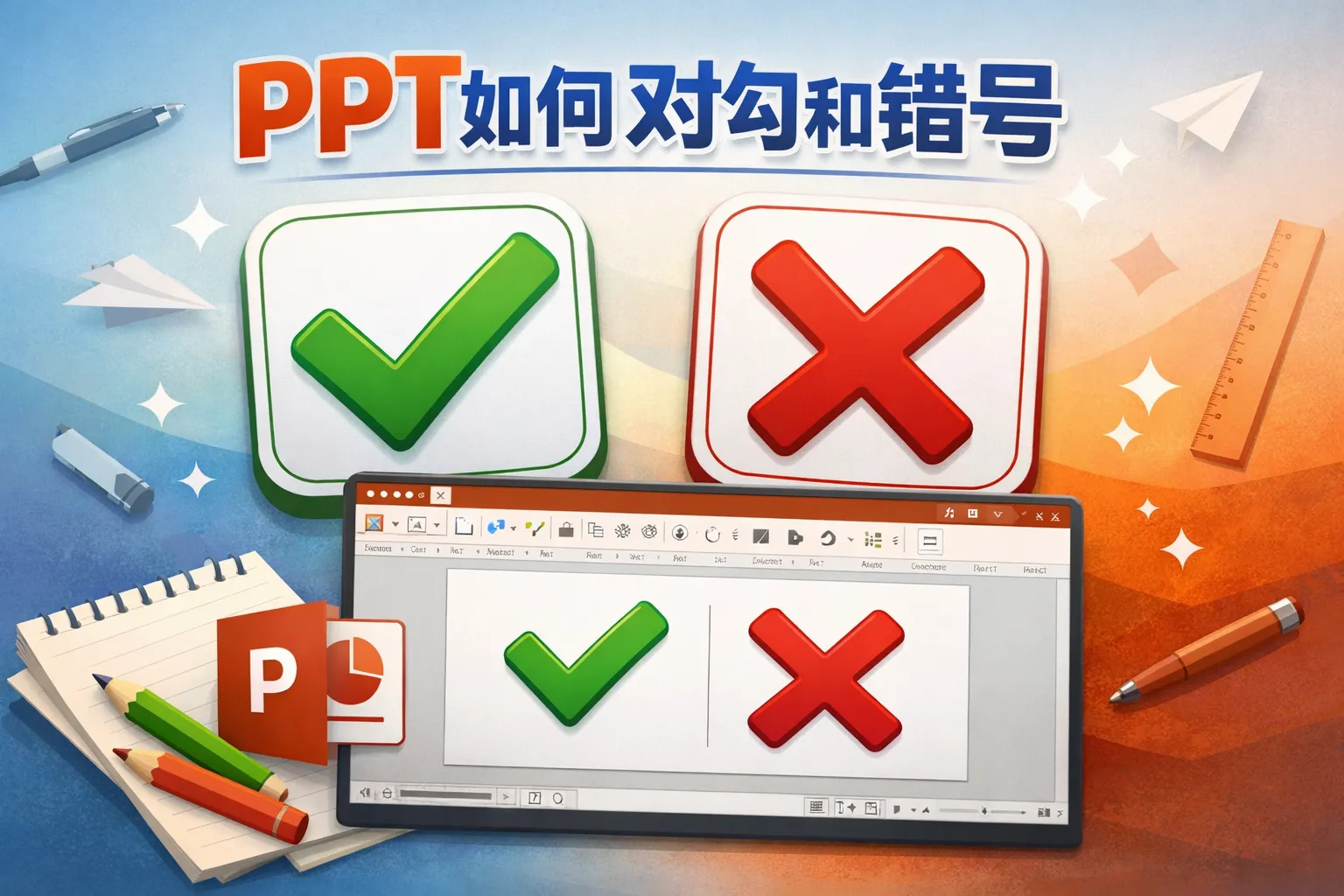 ppt如何画对勾和错号