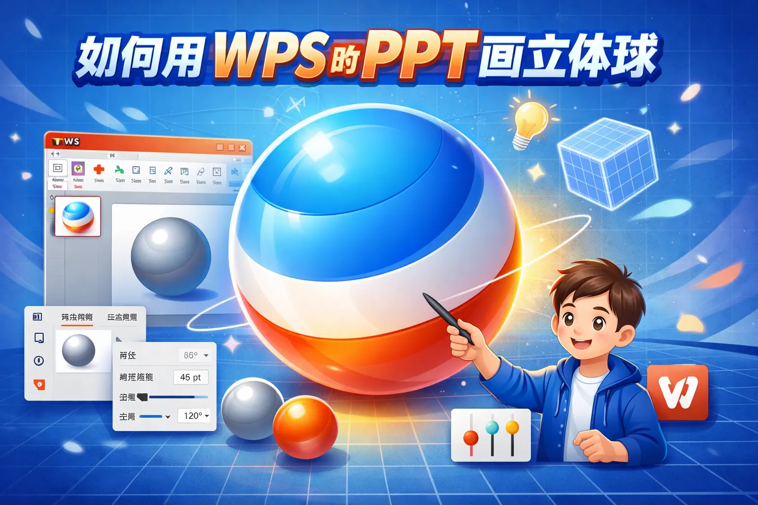 如何用wps的ppt画立体球
