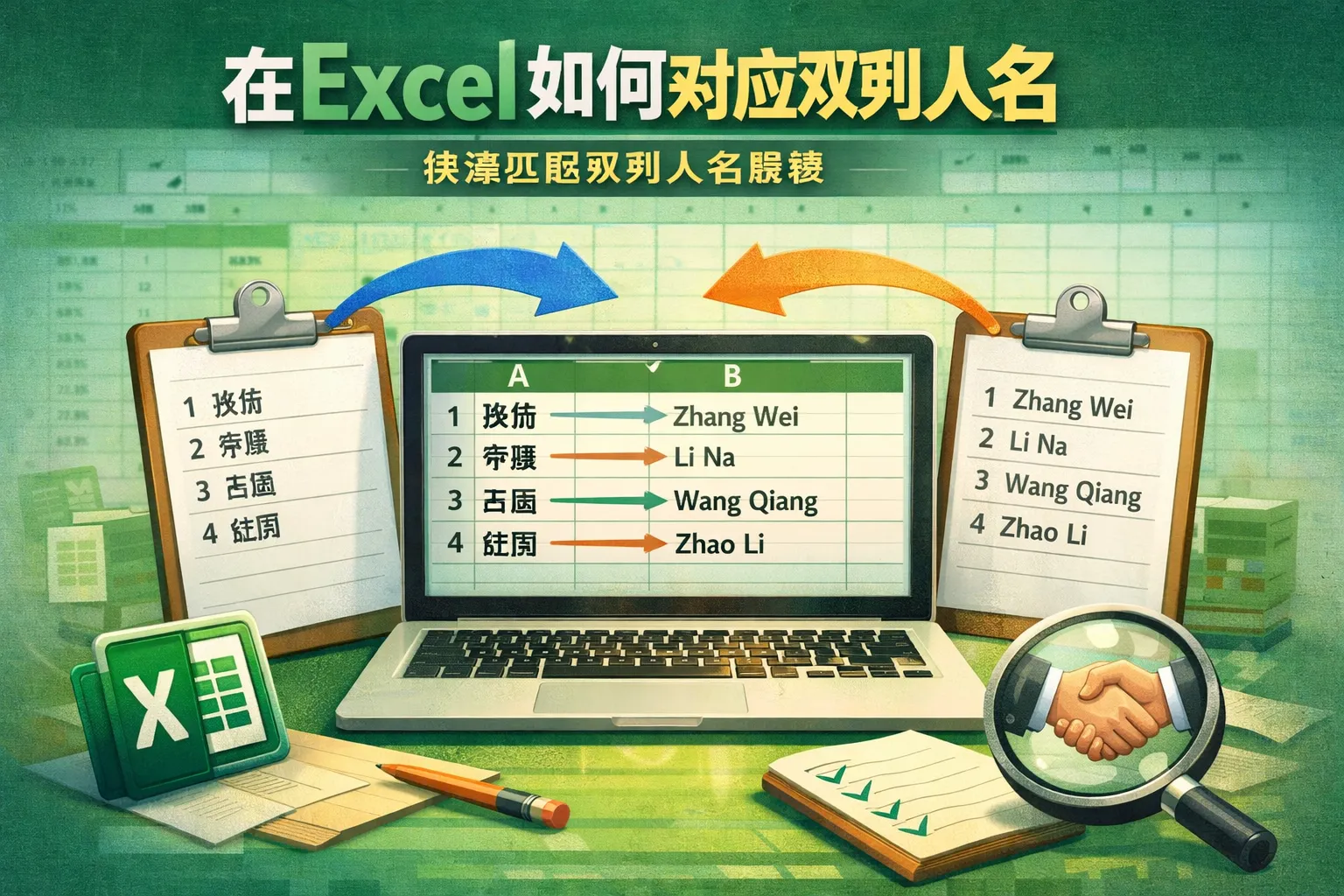 在excel如何对应双列人名