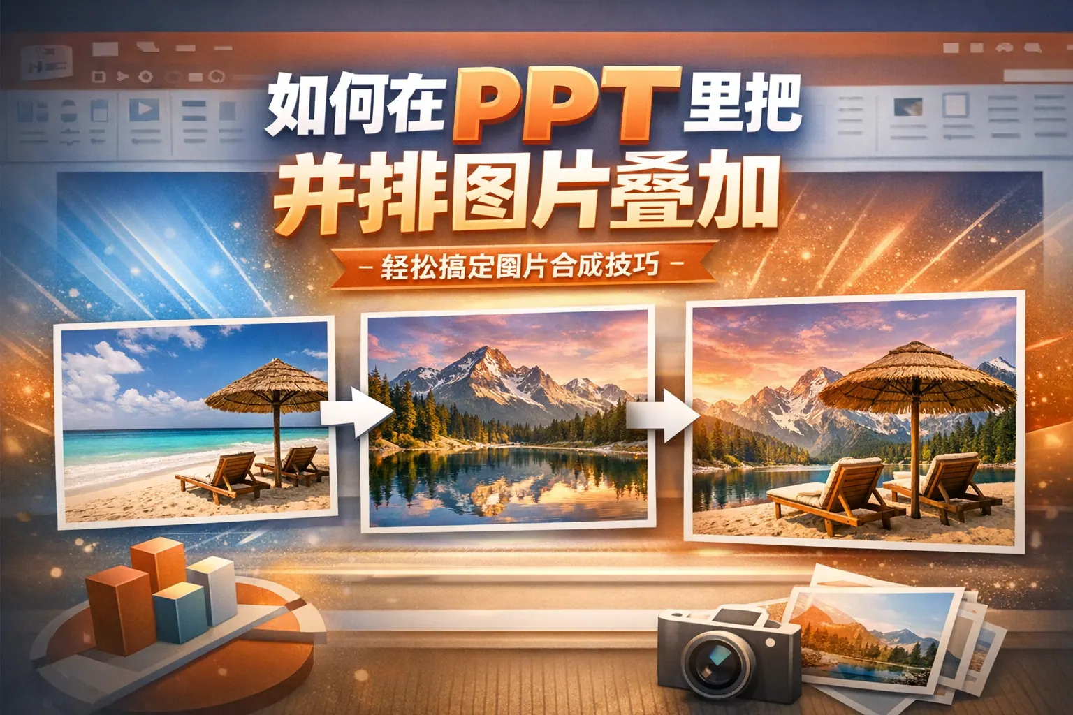 如何在ppt里把并排图片叠加