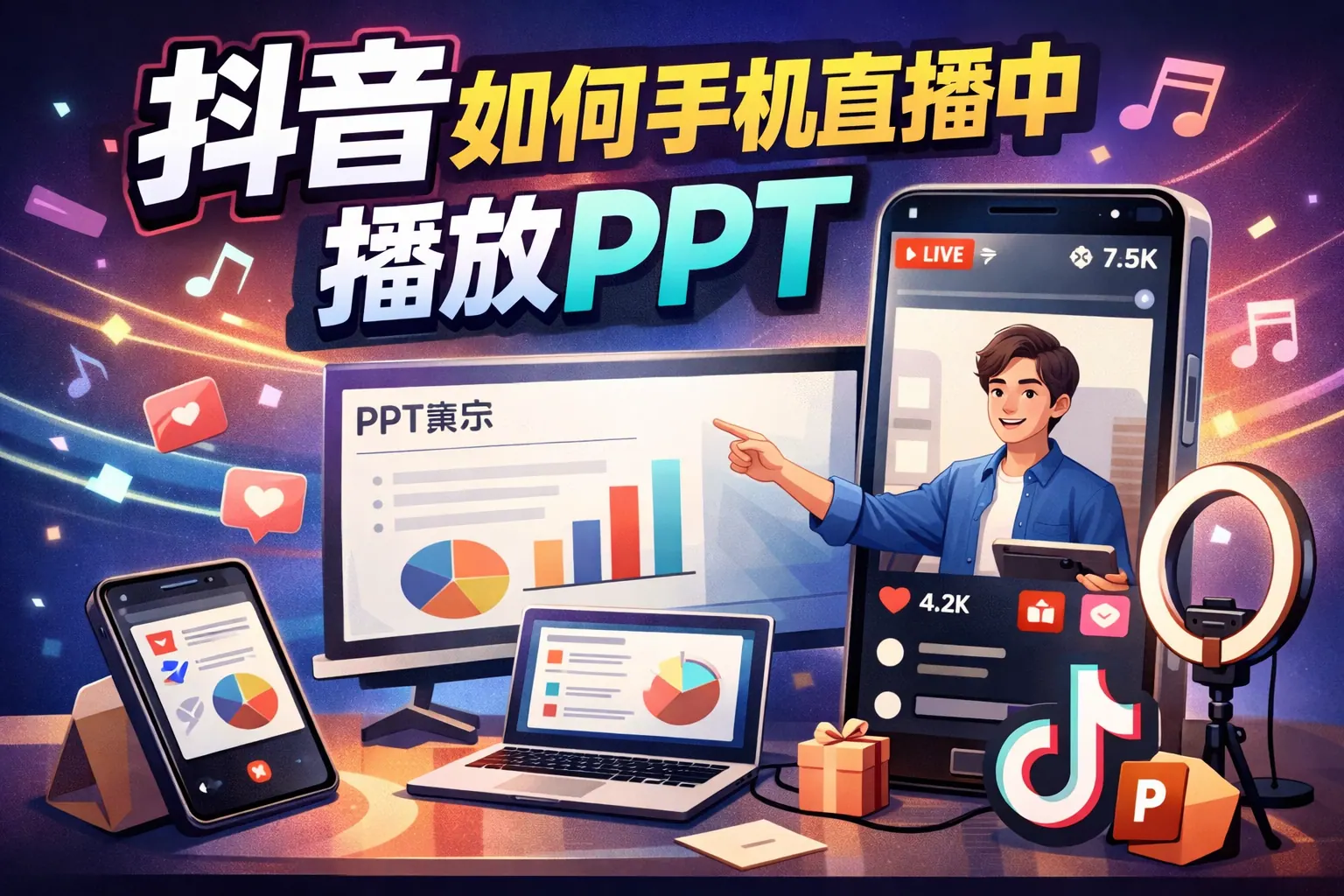 抖音如何手机直播中播放ppt
