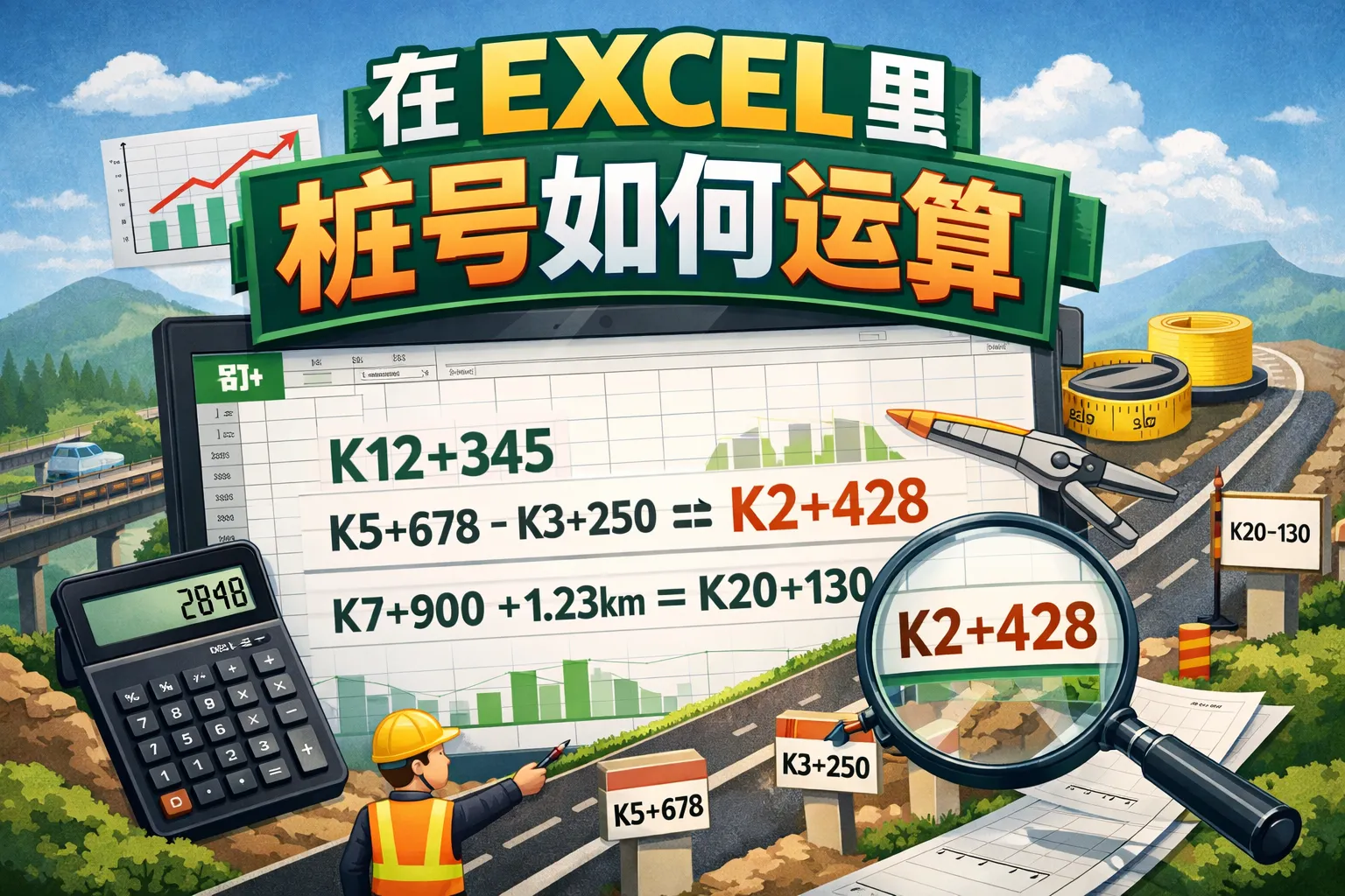 在EXCEL里桩号如何运算