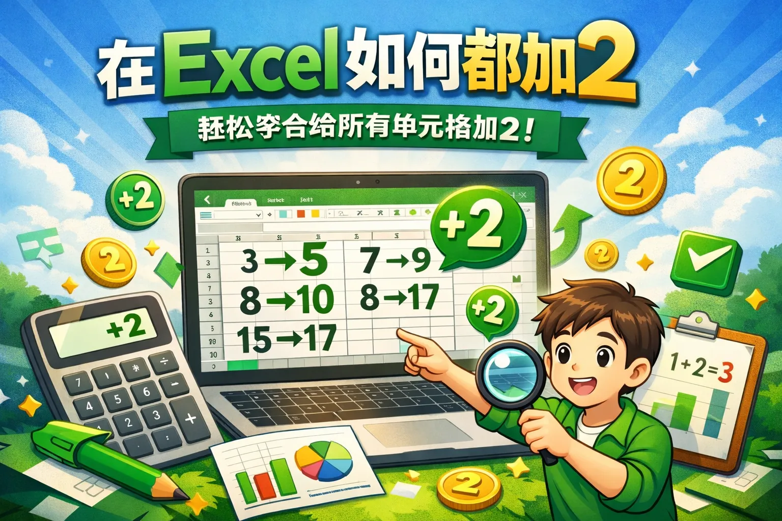 在excel如何都加2
