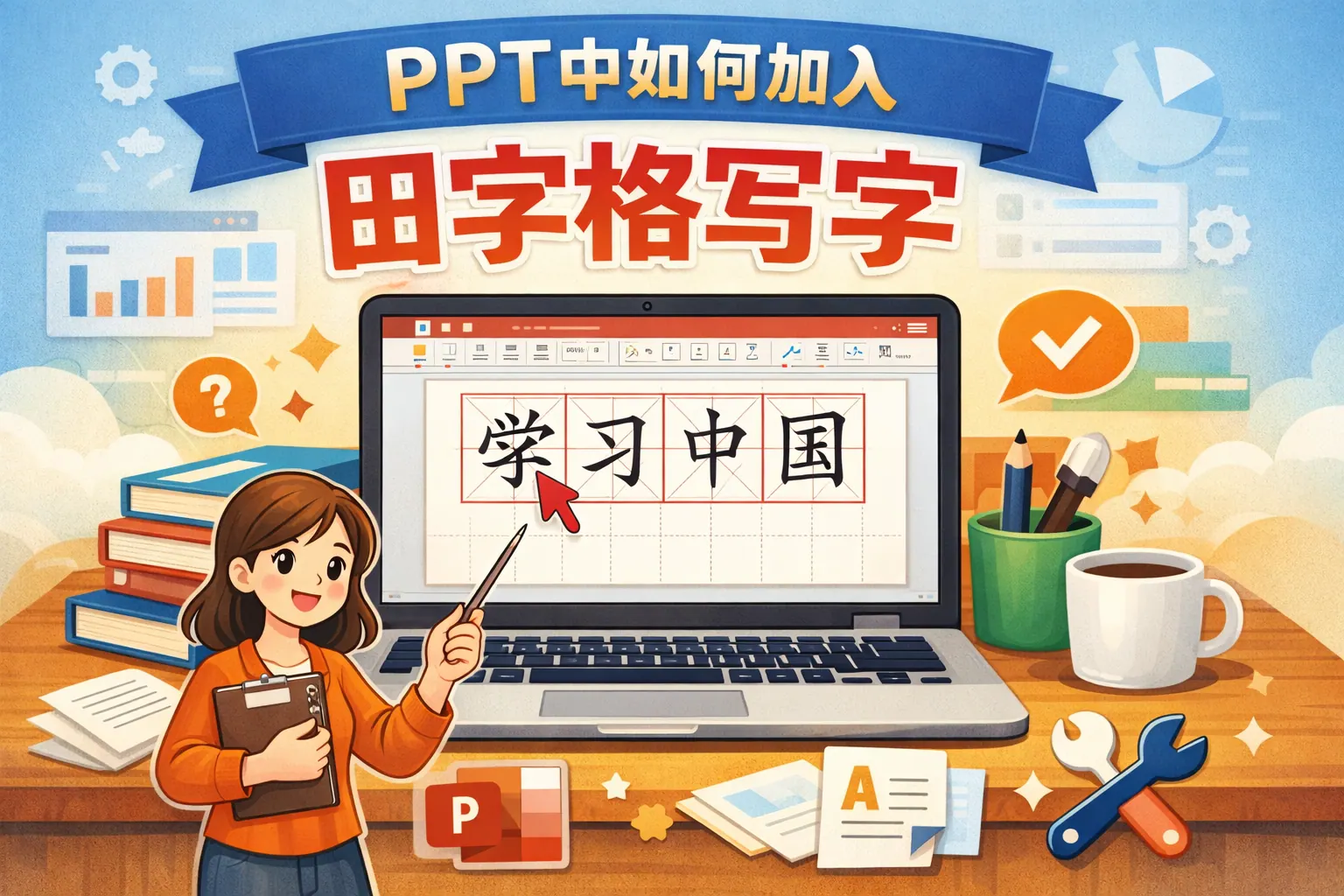 ppt中如何加入田字格写字